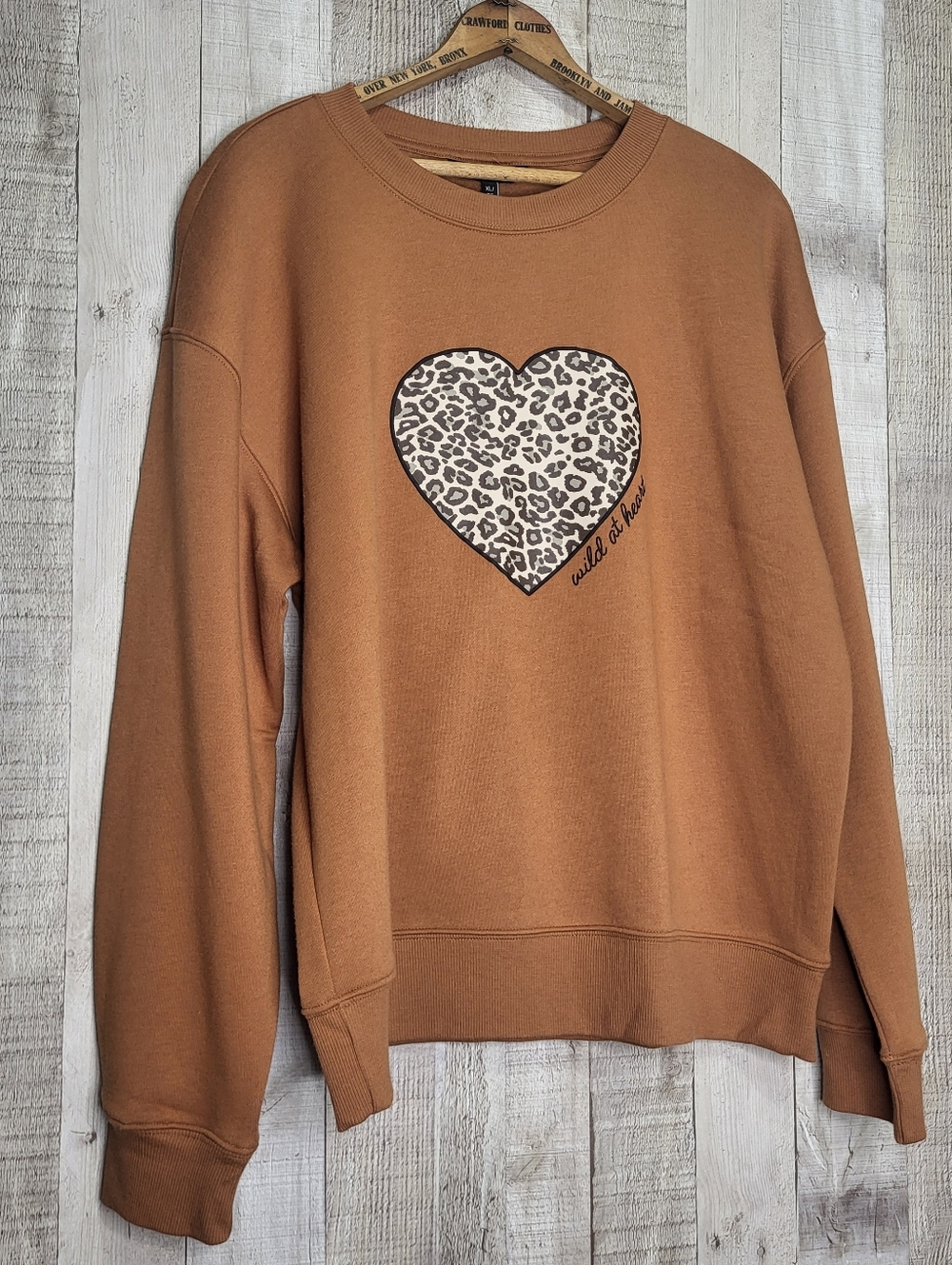 George Leopard Heart Pullover Sweatshirt - Rust Brown. Wild At Heart. XL